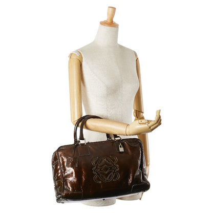 LOEWE Hand Bag Tote Purse Anagram Patent Leather Brown Authentic