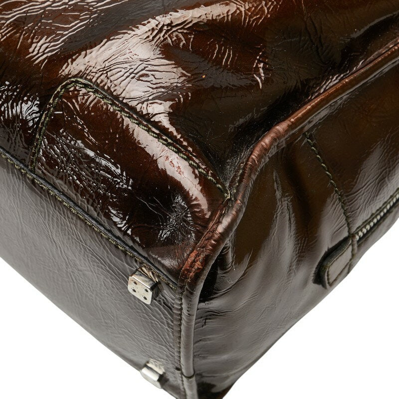 LOEWE Hand Bag Tote Purse Anagram Patent Leather Brown Authentic
