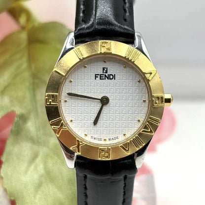 FENDI 2000L Quartz Watch Wristwatch FF Logo White Gold Women's Authentic