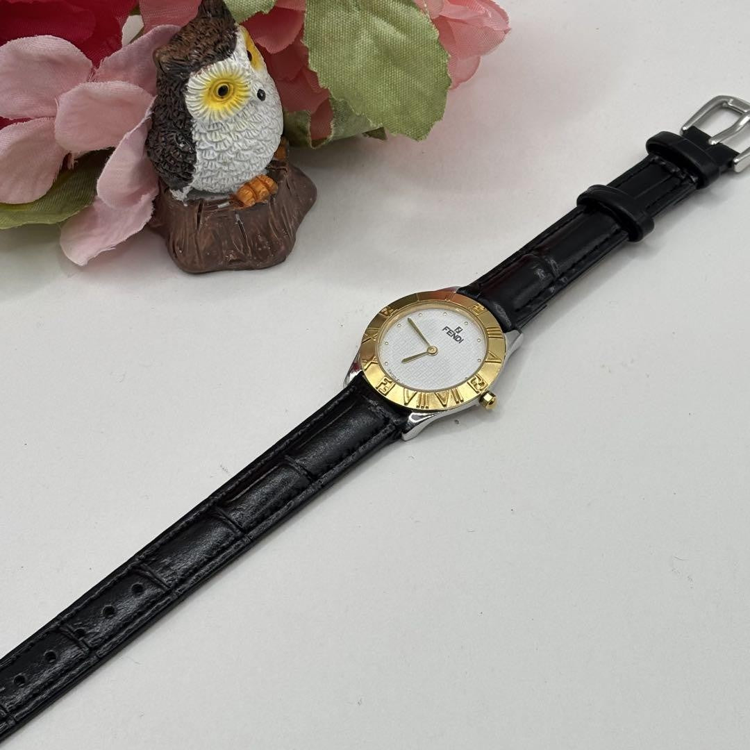 FENDI 2000L Quartz Watch Wristwatch FF Logo White Gold Women's Authentic