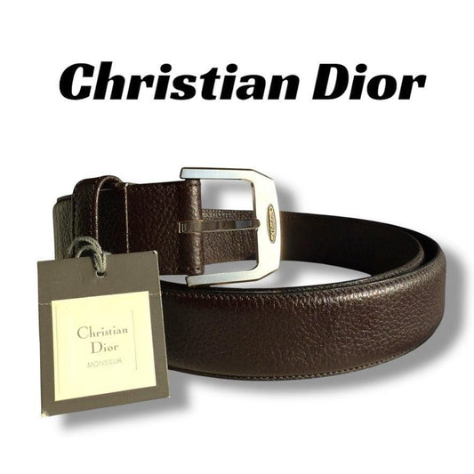 Christian Dior Men's Belt Leather Brown Silver Authentic