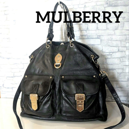 MULBERRY Purse Hand Bag Tote convertible shoulder bag Leather Black Authentic