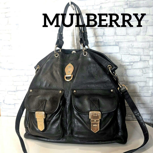 MULBERRY Purse Hand Bag Tote convertible shoulder bag Leather Black Authentic