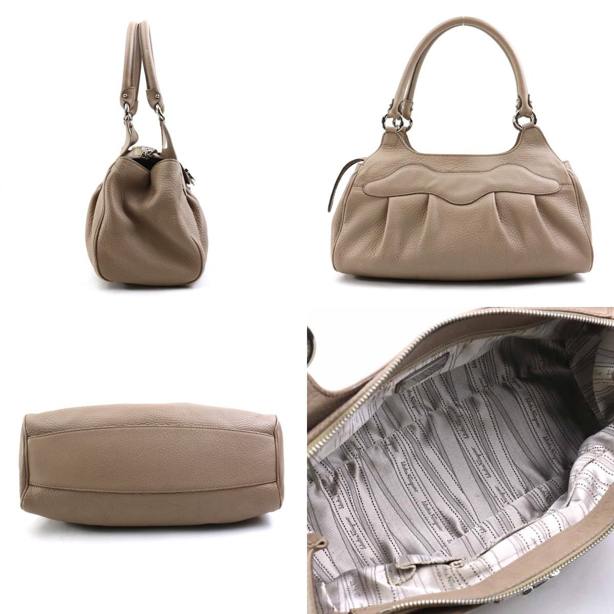 Salvatore Ferragamo Hand Bag Tote Purse Gancini Leather Authentic Beige