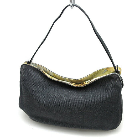 Salvatore Ferragamo Accessory Pouch Hand Pouch Denim Canvas Leather Black Auth
