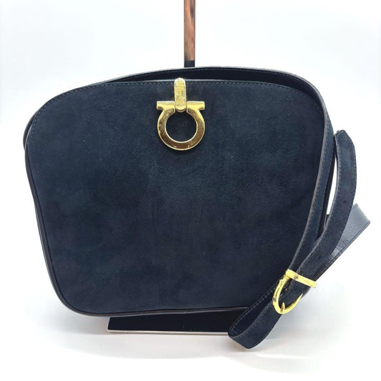 Salvatore Ferragamo shoulder bag Purse Gancini Black  Gold Suede Authentic Used