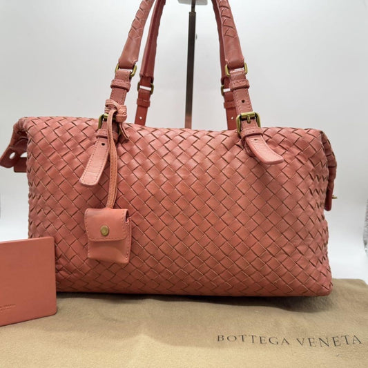BOTTEGA VENETA Hand Bag Tote Purse Intrecciato Leather Salmon Pink Authentic