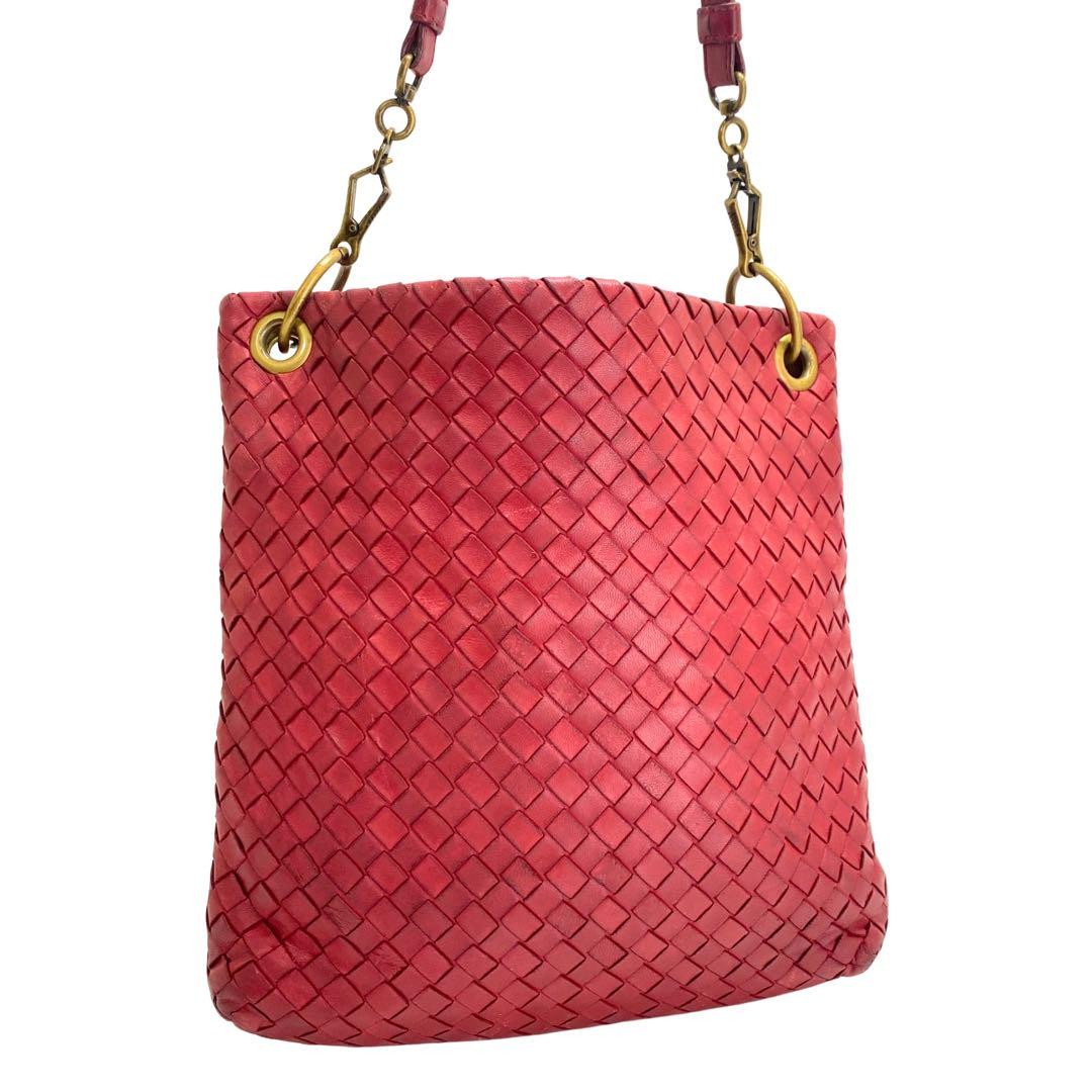BOTTEGA VENETA Shoulder Bag Purse Intrecciato Red Authentic
