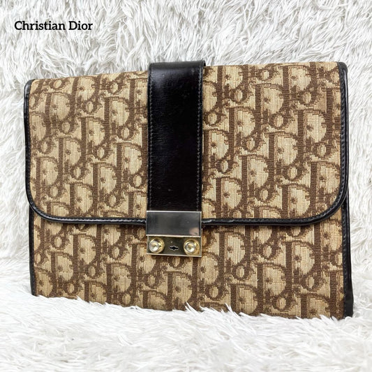 Christian Dior Clutch Bag Second Bag Trotter Canvas Leather Beige Dark Brown