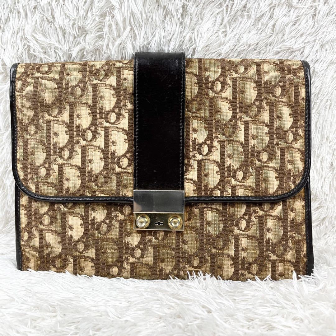 Christian Dior Clutch Bag Second Bag Trotter Canvas Leather Beige Dark Brown