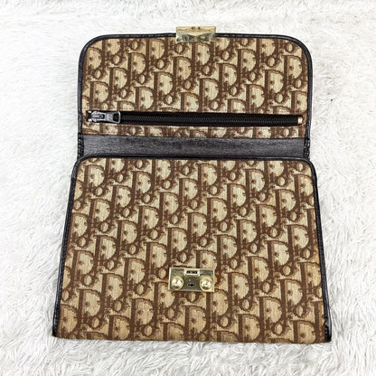 Christian Dior Clutch Bag Second Bag Trotter Canvas Leather Beige Dark Brown