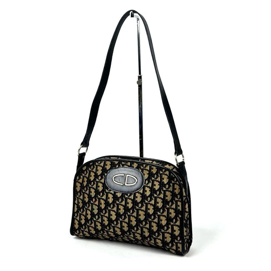 Christian Dior Shoulder Bag Purse Trotter CD Canvas Leather Navy Authentic