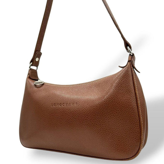 Longchamp Shoulder Bag Purse Leather Brown Authentic