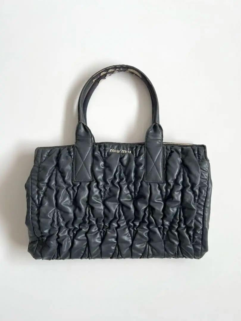 MIU MIU Hand Bag Tote Purse Logo Matelasse Leather Black Authentic