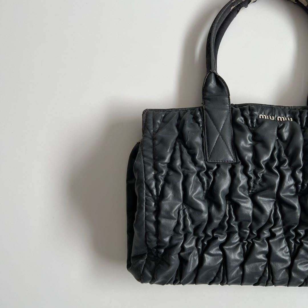 MIU MIU Hand Bag Tote Purse Logo Matelasse Leather Black Authentic