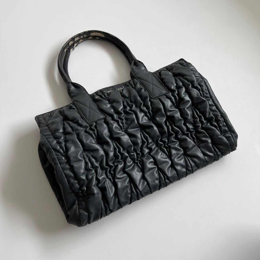 MIU MIU Hand Bag Tote Purse Logo Matelasse Leather Black Authentic
