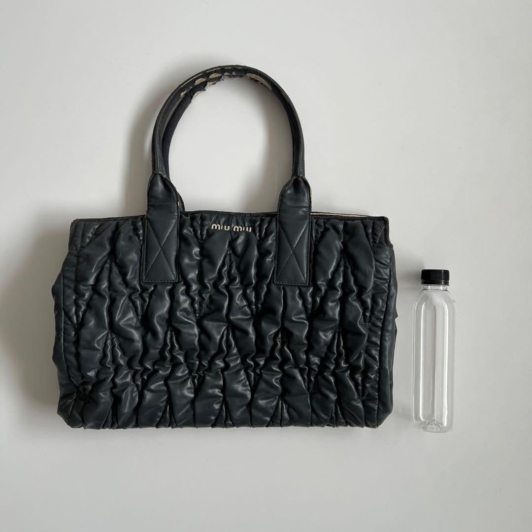MIU MIU Hand Bag Tote Purse Logo Matelasse Leather Black Authentic