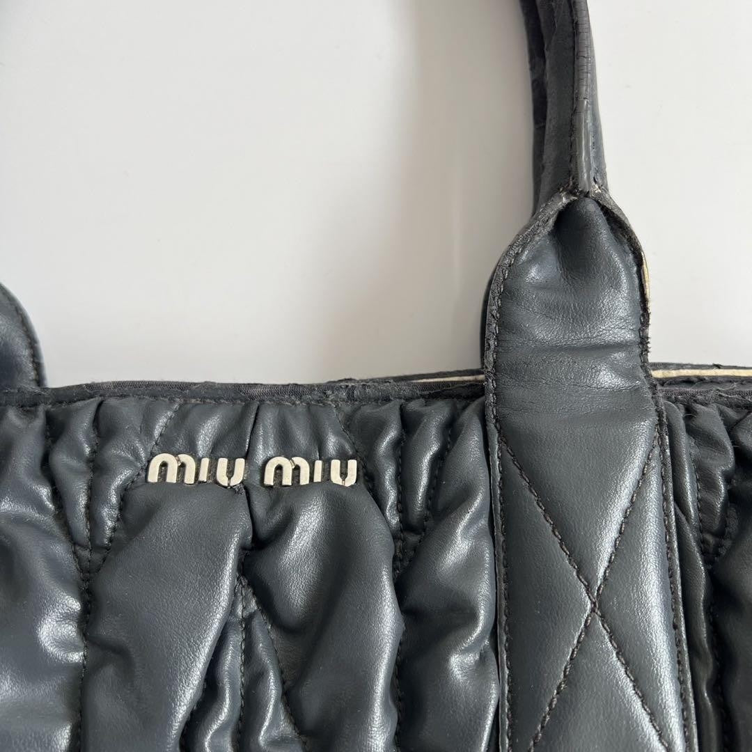 MIU MIU Hand Bag Tote Purse Logo Matelasse Leather Black Authentic