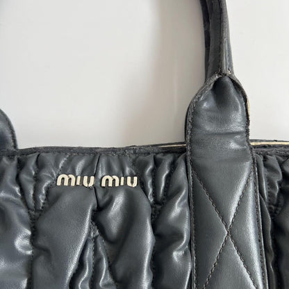 MIU MIU Hand Bag Tote Purse Logo Matelasse Leather Black Authentic