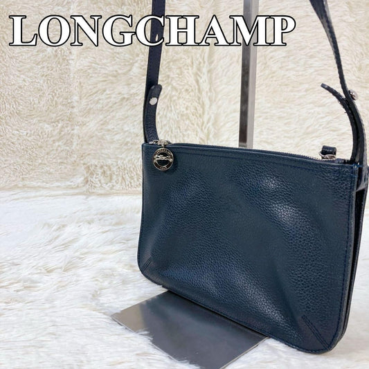 Longchamp Shoulder Bag Purse Leather Navy Authentic