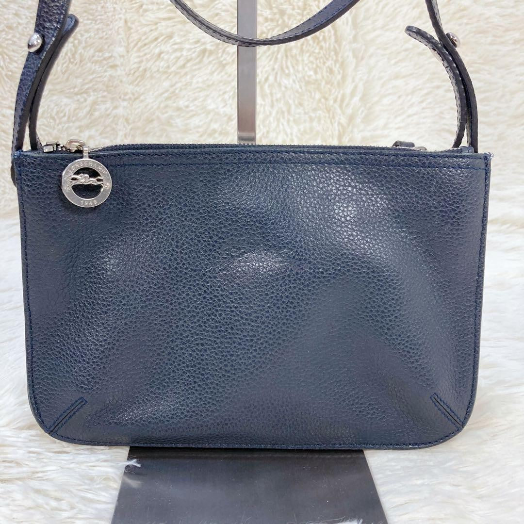 Longchamp Shoulder Bag Purse Leather Navy Authentic