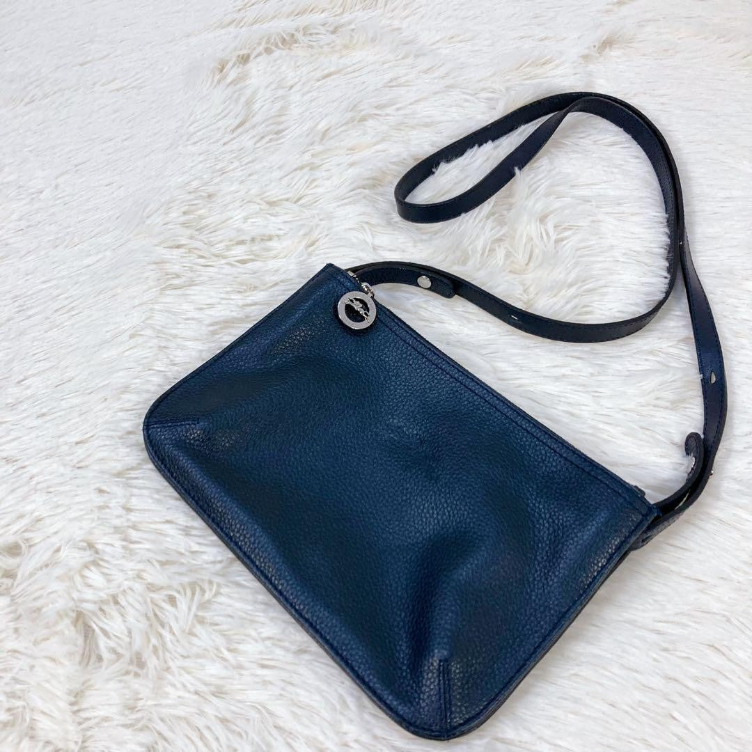 Longchamp Shoulder Bag Purse Leather Navy Authentic