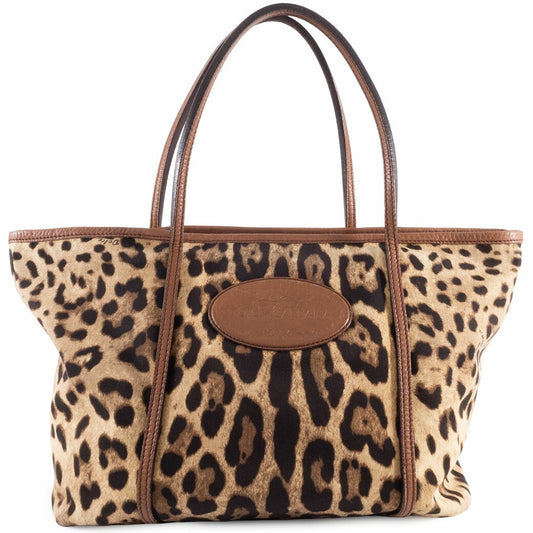 Dolce & Gabbana Hand Bag Tote Purse Leopard Canvas Leather Brown Authentic