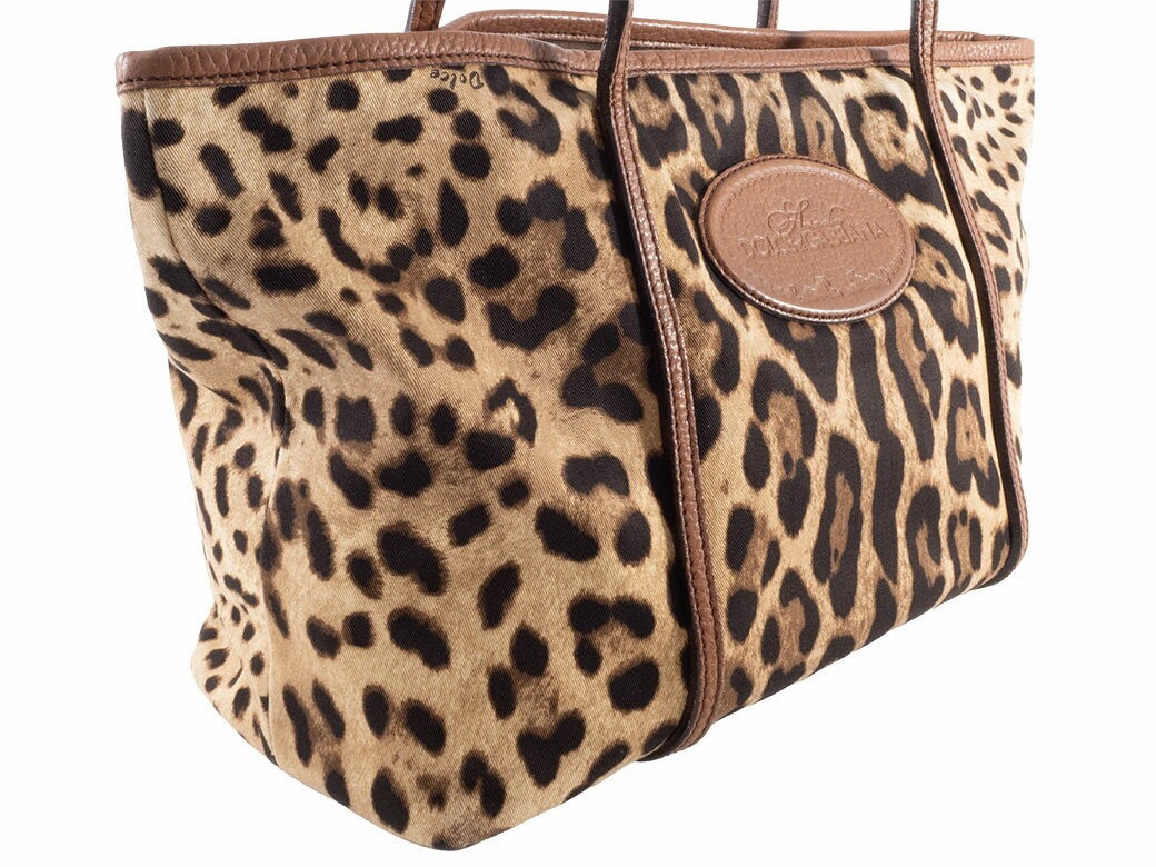 Dolce & Gabbana Hand Bag Tote Purse Leopard Canvas Leather Brown Authentic