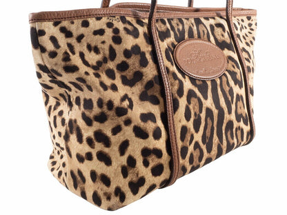Dolce & Gabbana Hand Bag Tote Purse Leopard Canvas Leather Brown Authentic