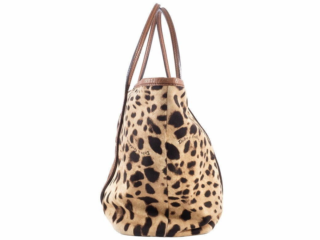 Dolce & Gabbana Hand Bag Tote Purse Leopard Canvas Leather Brown Authentic