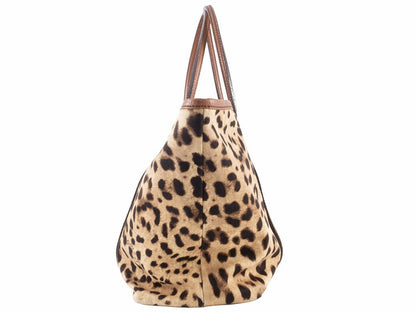 Dolce & Gabbana Hand Bag Tote Purse Leopard Canvas Leather Brown Authentic