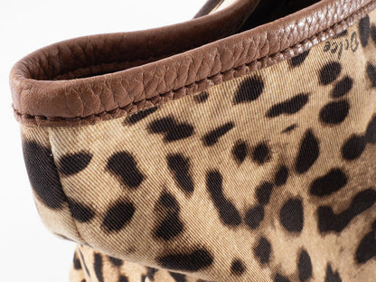 Dolce & Gabbana Hand Bag Tote Purse Leopard Canvas Leather Brown Authentic