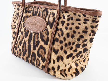 Dolce & Gabbana Hand Bag Tote Purse Leopard Canvas Leather Brown Authentic
