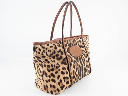Dolce & Gabbana Hand Bag Tote Purse Leopard Canvas Leather Brown Authentic