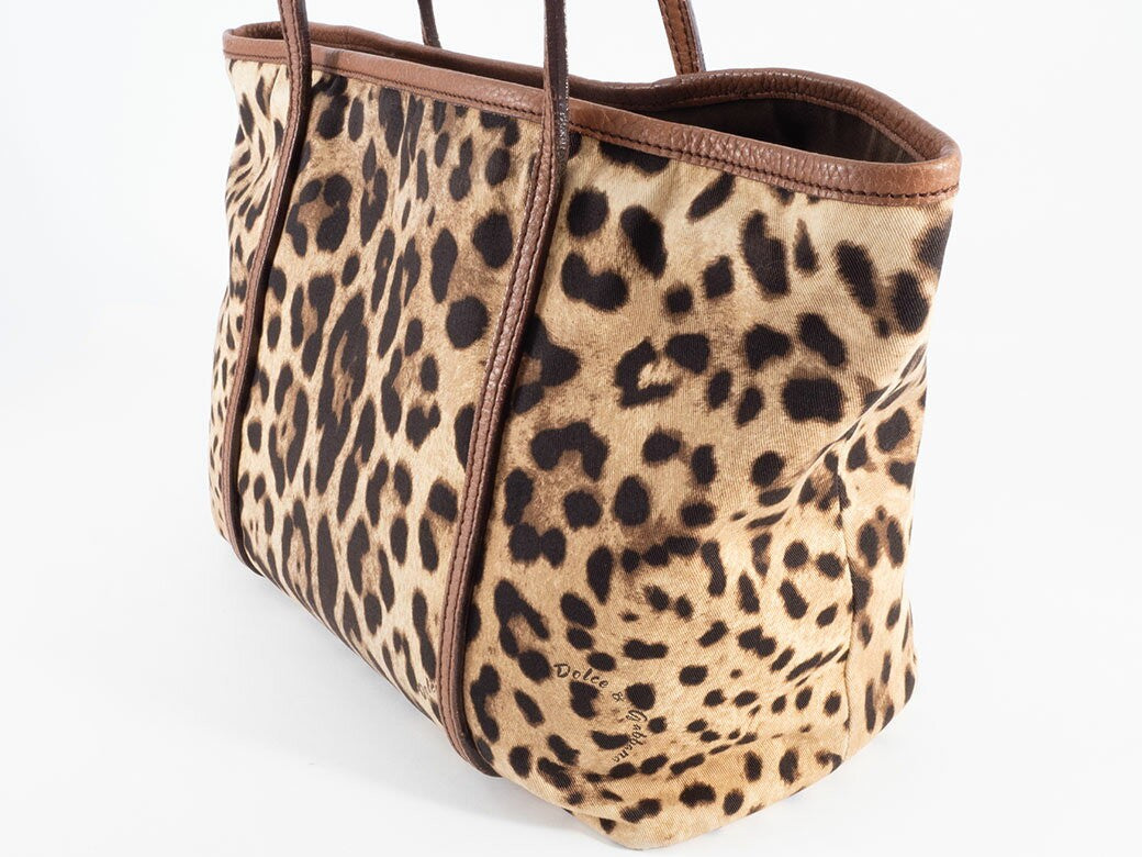 Dolce & Gabbana Hand Bag Tote Purse Leopard Canvas Leather Brown Authentic