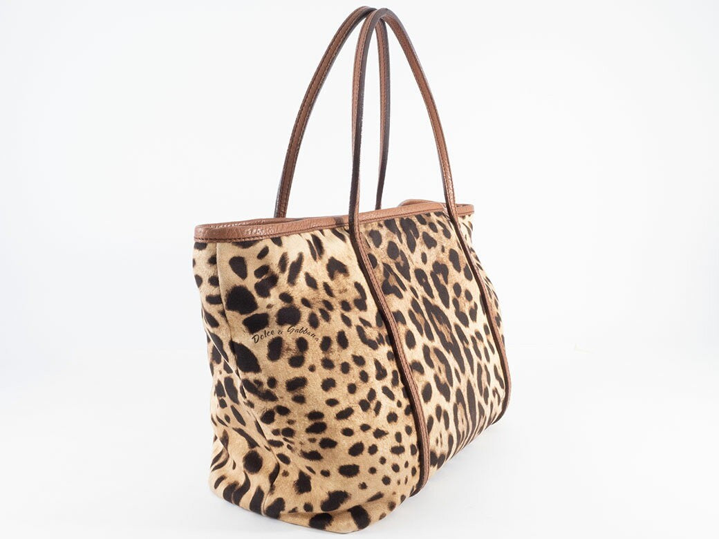 Dolce & Gabbana Hand Bag Tote Purse Leopard Canvas Leather Brown Authentic