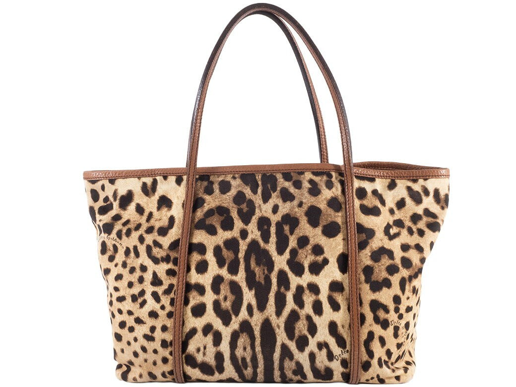 Dolce & Gabbana Hand Bag Tote Purse Leopard Canvas Leather Brown Authentic