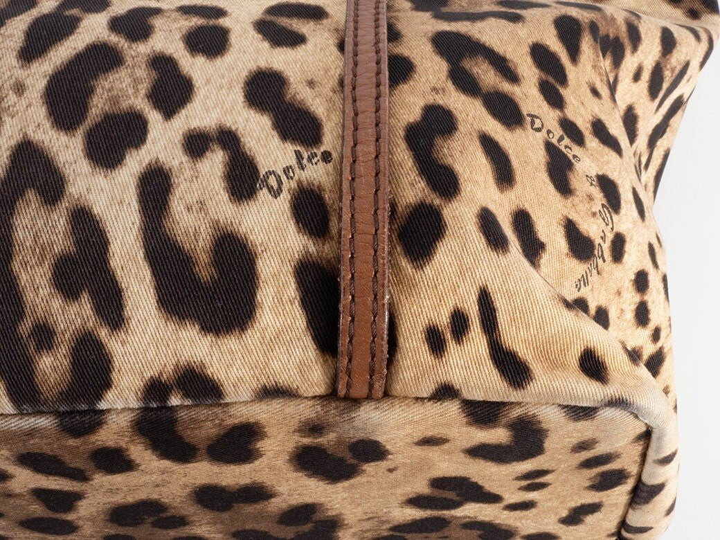 Dolce & Gabbana Hand Bag Tote Purse Leopard Canvas Leather Brown Authentic