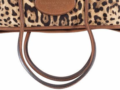 Dolce & Gabbana Hand Bag Tote Purse Leopard Canvas Leather Brown Authentic