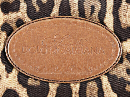 Dolce & Gabbana Hand Bag Tote Purse Leopard Canvas Leather Brown Authentic