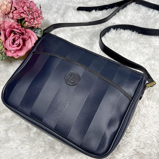 FENDI Shoulder Bag Purse Pecan PVC Leather Navy Authentic