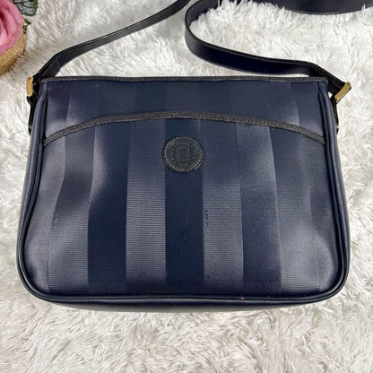 FENDI Shoulder Bag Purse Pecan PVC Leather Navy Authentic
