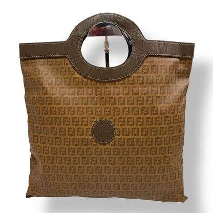 FENDI Hand Bag Tote Purse FF Zucchino Leather Nylon Brown Authentic