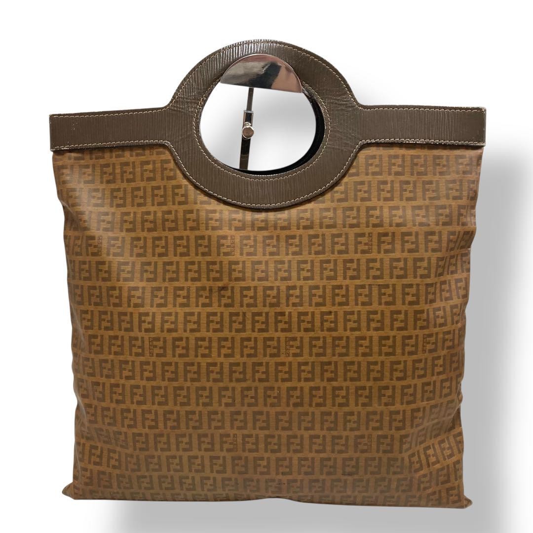 FENDI Hand Bag Tote Purse FF Zucchino Leather Nylon Brown Authentic
