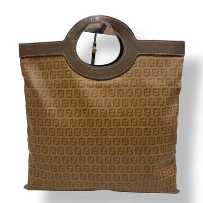 FENDI Hand Bag Tote Purse FF Zucchino Leather Nylon Brown Authentic