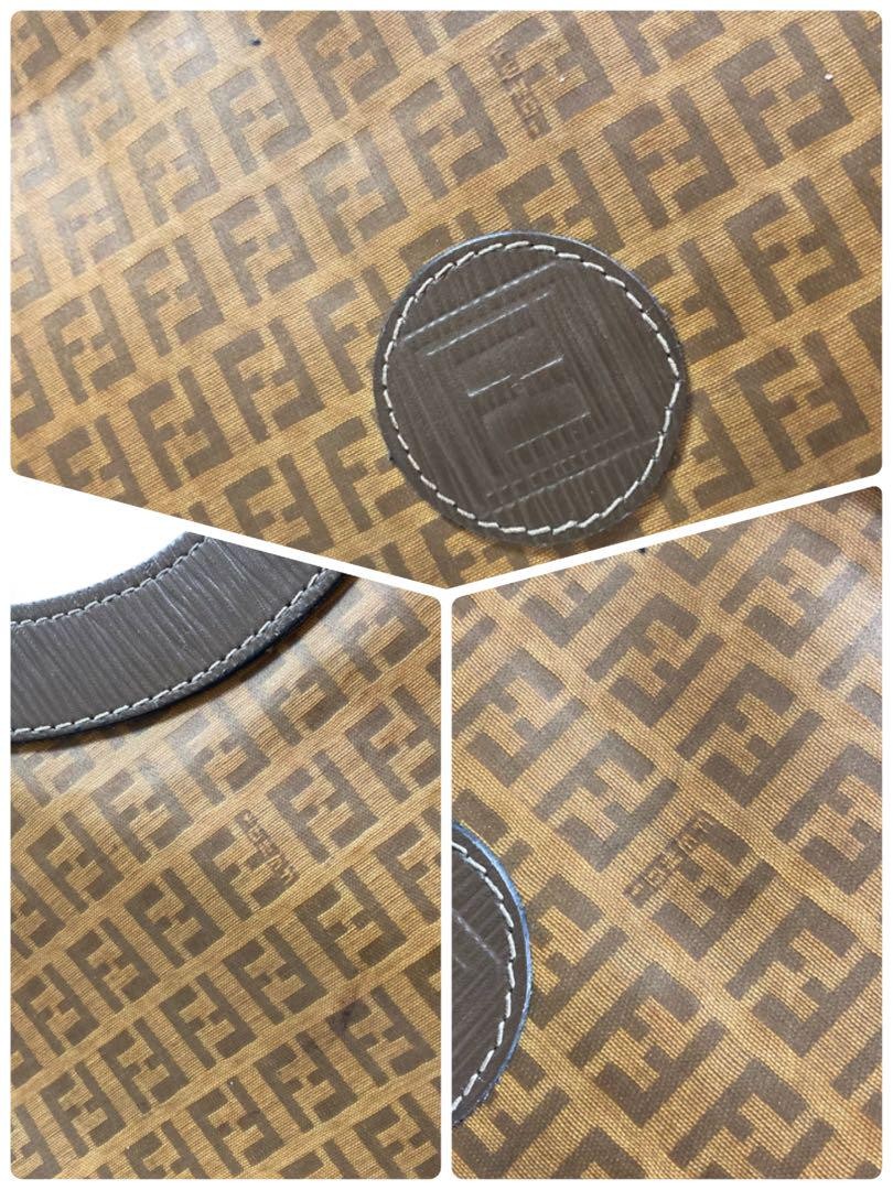 FENDI Hand Bag Tote Purse FF Zucchino Leather Nylon Brown Authentic
