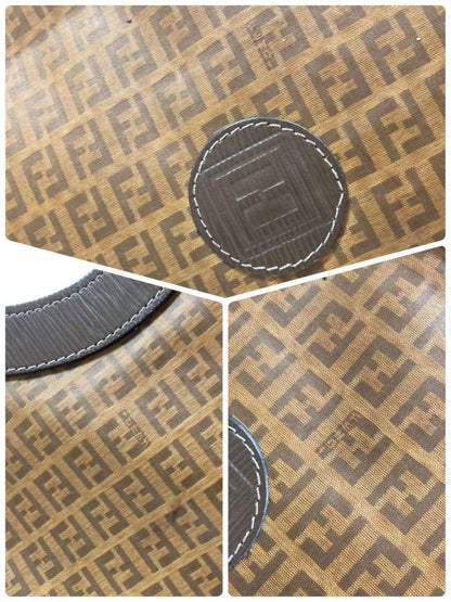 FENDI Hand Bag Tote Purse FF Zucchino Leather Nylon Brown Authentic