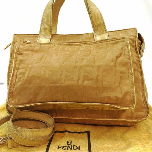 FENDI Hand Shoulder Bag Tote Purse 2way FF Zucca Leather Nylon Authentic