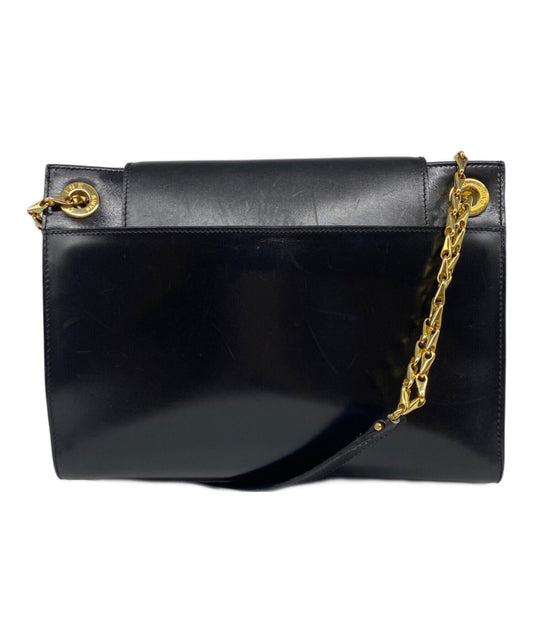 CELINE Purse Box calf circle logo chain shoulder bag Black Gold Leather Unisex