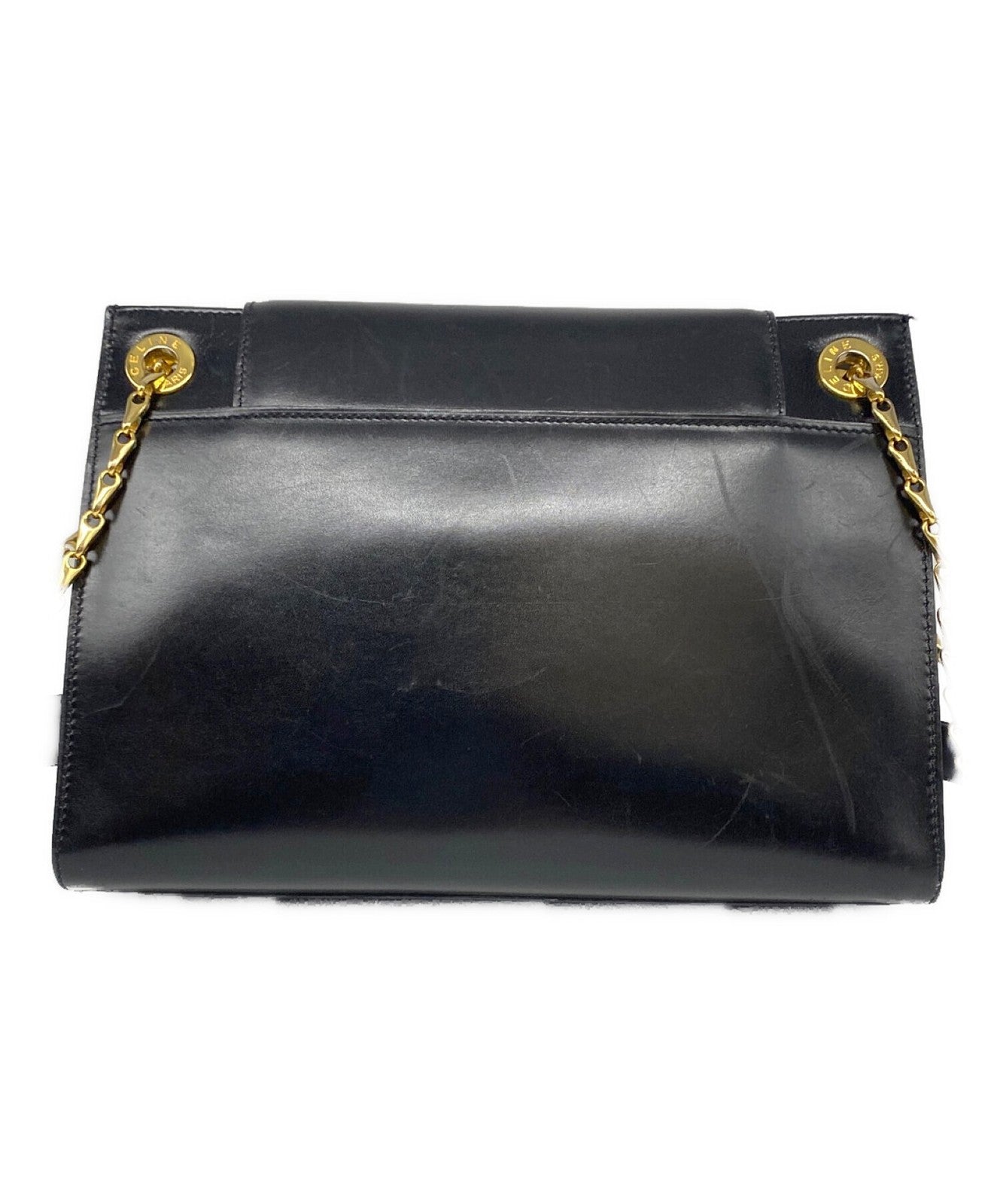 CELINE Purse Box calf circle logo chain shoulder bag Black Gold Leather Unisex